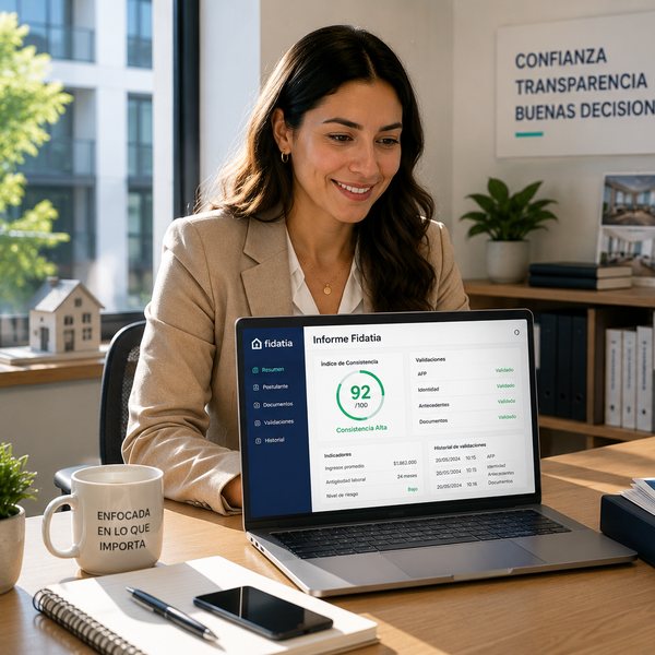 Corredora de propiedades revisando el informe verificado de un postulante